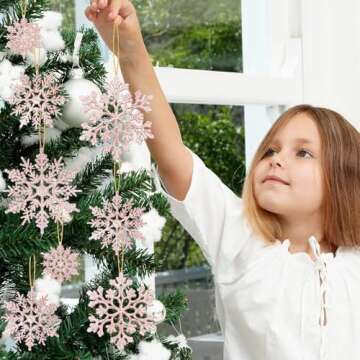 36 Pack Plastic Rose Gold Snowflake Ornaments Christmas Winter Decorations, Hanging Snowflake Decorations for Winter Wonderland Christmas Tree