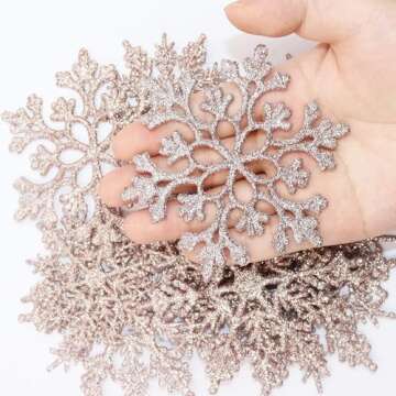 36 Pack Plastic Rose Gold Snowflake Ornaments Christmas Winter Decorations, Hanging Snowflake Decorations for Winter Wonderland Christmas Tree
