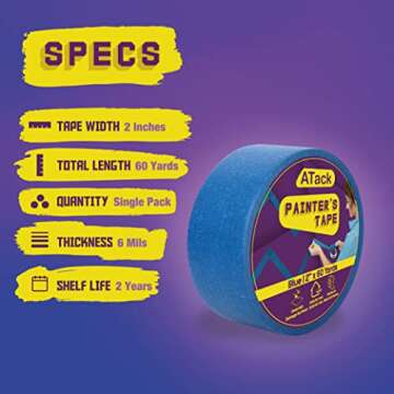 ATack Professional Blue Painter's Tape, 2" x 60 Yards (Single Roll), Sharp Edge Line Technology - Pr...