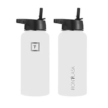 IRON °FLASK Camping & Hiking Hydration Flask with 3 Lids - Stainless Steel, Double Walled & Vacuum Insulated Water Bottle - Leak Proof & BPA Free (Winter White, Straw - 32 oz)