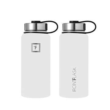 IRON °FLASK Camping & Hiking Hydration Flask with 3 Lids - Stainless Steel, Double Walled & Vacuum Insulated Water Bottle - Leak Proof & BPA Free (Winter White, Straw - 32 oz)