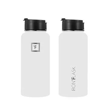 IRON °FLASK Camping & Hiking Hydration Flask with 3 Lids - Stainless Steel, Double Walled & Vacuum Insulated Water Bottle - Leak Proof & BPA Free (Winter White, Straw - 32 oz)