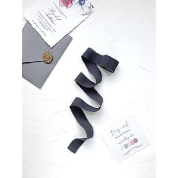 Dark grey 1 inch wide 5 yds frayed edges handmade cotton ribbon hand dyed for Rustic wedding invitation ties favors gift wrapping Party decor bows Florist Bouquet supplies Flat lay props