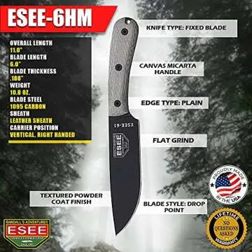 ESEE-6HM Fixed Blade Survival Knife, 1095 Carbon Steel, Round Modified Handle, Made in USA (Brown Leather Sheath (Right Hand))