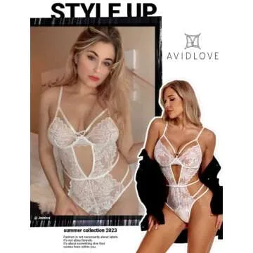 Avidlove Lingerie for Women Sexy Naughty White Lingerie Bridal Lingerie Teddy Deep V Sexy Lace Bodysuit L
