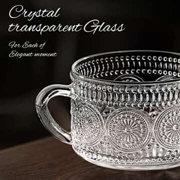 MCleanPin Vintage Glass Coffee Mugs Set,14oz Clear Embossed Tea Cups,Latte Mugs,Coffee Cups for Capp...