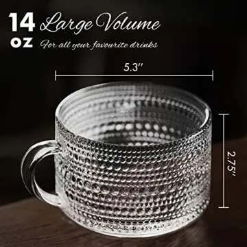 MCleanPin Vintage Glass Coffee Mugs Set,14oz Clear Embossed Tea Cups,Latte Mugs,Coffee Cups for Cappuccino,Latte,Cereal,Yogurt,Beverage Housewarming Gifts