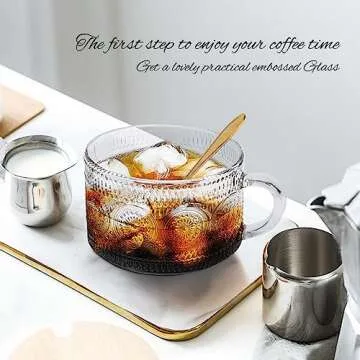 MCleanPin Vintage Glass Coffee Mugs Set,14oz Clear Embossed Tea Cups,Latte Mugs,Coffee Cups for Cappuccino,Latte,Cereal,Yogurt,Beverage Housewarming Gifts