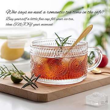 MCleanPin Vintage Glass Coffee Mugs Set,14oz Clear Embossed Tea Cups,Latte Mugs,Coffee Cups for Cappuccino,Latte,Cereal,Yogurt,Beverage Housewarming Gifts