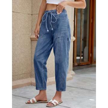 EZAPINE Barrel Jeans for Women Wide Leg Pants Cropped Denim Pants Y2k Baggy Boyfriend Jeans with Pockets Blue