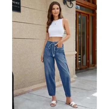 EZAPINE Barrel Jeans for Women Wide Leg Pants Cropped Denim Pants Y2k Baggy Boyfriend Jeans with Pockets Blue