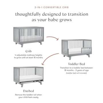 Babyletto Hudson 3-in-1 Convertible Crib with Toddler Bed Conversion Kit in Grey, Greenguard Gold Certified