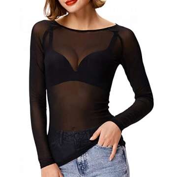 Kyerivs Women's Mesh Tops Long Sleeve See Through Sheer Blouse Black Sexy Clubwear Shirts