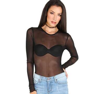 Kyerivs Women's Mesh Tops Long Sleeve See Through Sheer Blouse Black Sexy Clubwear Shirts