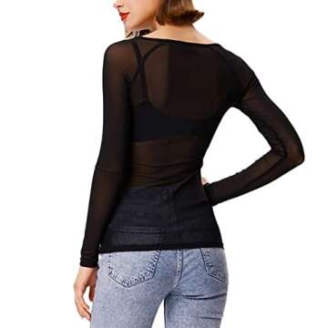 Kyerivs Women's Mesh Tops Long Sleeve See Through Sheer Blouse Black Sexy Clubwear Shirts