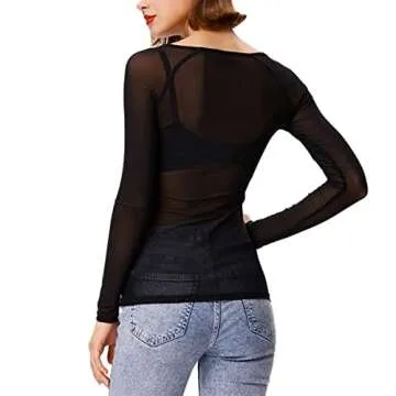 Kyerivs Women's Mesh Tops Long Sleeve See Through Sheer Blouse Black Sexy Clubwear Shirts