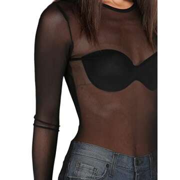 Kyerivs Women's Mesh Tops Long Sleeve See Through Sheer Blouse Black Sexy Clubwear Shirts