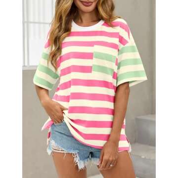 Tankaneo Womens Oversized Color Block Striped Tshirts Summer Casual Short Sleeve Tops Loose Fit Crew...