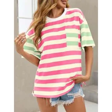 Tankaneo Womens Oversized Color Block Striped Tshirts Summer Casual Short Sleeve Tops Loose Fit Crew Neck Shirts Pink