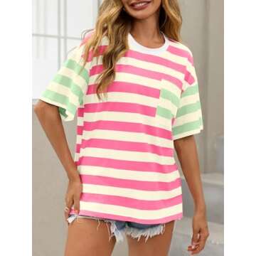 Tankaneo Womens Oversized Color Block Striped Tshirts Summer Casual Short Sleeve Tops Loose Fit Crew Neck Shirts Pink