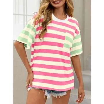 Tankaneo Womens Oversized Color Block Striped Tshirts Summer Casual Short Sleeve Tops Loose Fit Crew Neck Shirts Pink