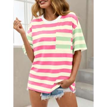 Tankaneo Womens Oversized Color Block Striped Tshirts Summer Casual Short Sleeve Tops Loose Fit Crew Neck Shirts Pink