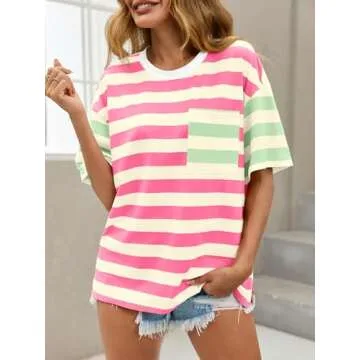 Tankaneo Womens Oversized Color Block Striped Tshirts Summer Casual Short Sleeve Tops Loose Fit Crew Neck Shirts Pink