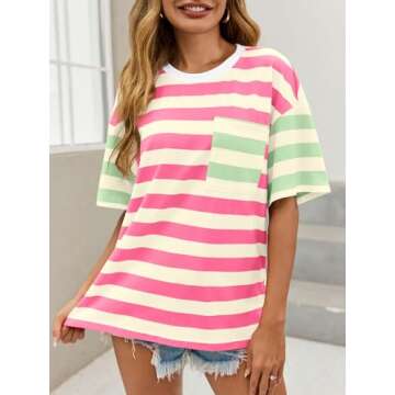 Tankaneo Womens Oversized Color Block Striped Tshirts Summer Casual Short Sleeve Tops Loose Fit Crew Neck Shirts Pink