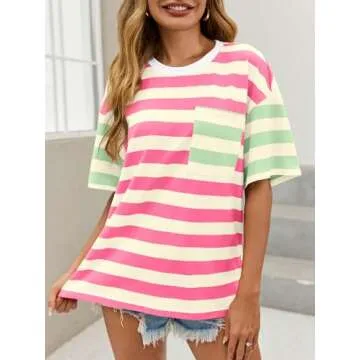Tankaneo Womens Oversized Color Block Striped Tshirts Summer Casual Short Sleeve Tops Loose Fit Crew Neck Shirts Pink