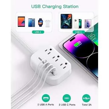 Mifaso Dorm Room Essentials Power Strip - Flat Extension Cord with Multiple Outlets, 5Ft Ultra Cord with 4 USB Ports, Non Surge Protector for Cruise Ship Travel, Desktop Charging Station