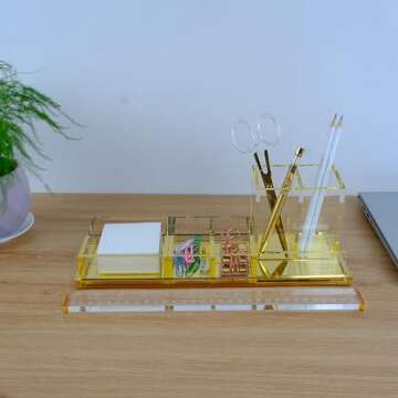 EXPUTRAN Acrylic Desk Organizer 4-Piece Desk Kit + Free Complimentary Acrylic Ruler, Desktop Organiz...