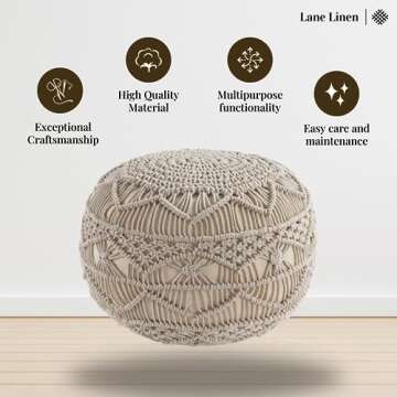 LANE LINEN Pouf Ottoman - Hand Knitted Ottoman Foot Rest, Large Round Pouf, Poufs for Living Room, Bean Bag Ottoman, Floor Pouf, Macrame Chair - 20 Diameter x 14 Height - Mystic Pure Natural