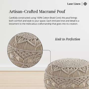LANE LINEN Pouf Ottoman - Hand Knitted Ottoman Foot Rest, Large Round Pouf, Poufs for Living Room, Bean Bag Ottoman, Floor Pouf, Macrame Chair - 20 Diameter x 14 Height - Mystic Pure Natural