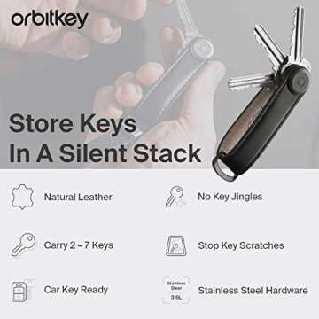 Orbitkey Leather Key Organizer | Durable, Stainless Steel Locking Mechanism, Slim & Quiet Profile | Holds up to 7 Keys, Stone with Grey Stitching
