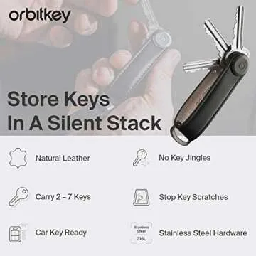 Orbitkey Leather Key Organizer | Durable, Stainless Steel Locking Mechanism, Slim & Quiet Profile | Holds up to 7 Keys, Stone with Grey Stitching