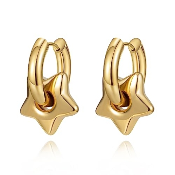 Gold Hoop Earrings for Women, Stainless Steel Heart Star Hoop Earrings with Convertible Drop Dangle,...