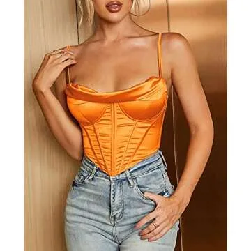 Satin Spaghetti Strap Party Crop Top Rave Cute Zip Back Outfits Corset Y2K Fashion Bustiers for Women Tangerine