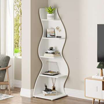 Tribesigns Corner Shelf, Modern 5-Tier Wall Corner Bookshelf, Stylish Corner Small Bookcase Storage Rack Plant Stand with Unique Shape for Living Room, Home Office, (1PC, White)