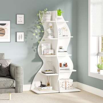 Tribesigns Corner Shelf, Modern 5-Tier Wall Corner Bookshelf, Stylish Corner Small Bookcase Storage Rack Plant Stand with Unique Shape for Living Room, Home Office, (1PC, White)
