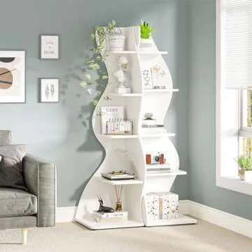 Tribesigns Corner Shelf, Modern 5-Tier Wall Corner Bookshelf, Stylish Corner Small Bookcase Storage Rack Plant Stand with Unique Shape for Living Room, Home Office, (1PC, White)