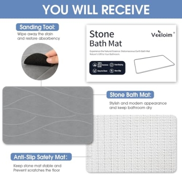 Veeloim Stone Bath Mat Non-Slip Quick Drying Diatomaceous