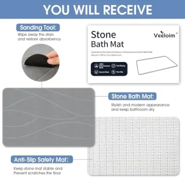 Veeloim Stone Bath Mat Non-Slip Quick Drying Diatomaceous