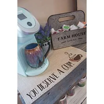 Coffee Maker Mat for your Coffee Machine, Burlap Coffee Bar Placemat, Coffee Station Accessories - Made in the USA (You Deserve a Cup)