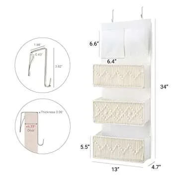 Mkono Macrame Over The Door Organizer Boho Decor Hanging Nursery Storage with 3 Large Woven Pockets, Back of Door Organizer for Bedroom Bathroom Closet Pantry Dorm, Ivory, Gifts for Mother, Girls