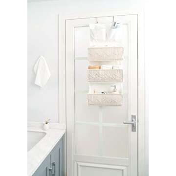 Mkono Macrame Over The Door Organizer Boho Decor Hanging Nursery Storage with 3 Large Woven Pockets, Back of Door Organizer for Bedroom Bathroom Closet Pantry Dorm, Ivory, Gifts for Mother, Girls