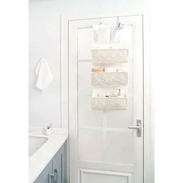 Mkono Macrame Over The Door Organizer Boho Decor Hanging Nursery Storage with 3 Large Woven Pockets, Back of Door Organizer for Bedroom Bathroom Closet Pantry Dorm, Ivory, Gifts for Mother, Girls