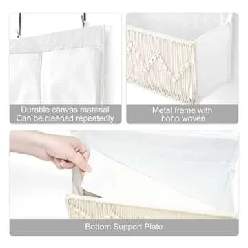 Mkono Macrame Over The Door Organizer Boho Decor Hanging Nursery Storage with 3 Large Woven Pockets, Back of Door Organizer for Bedroom Bathroom Closet Pantry Dorm, Ivory, Gifts for Mother, Girls