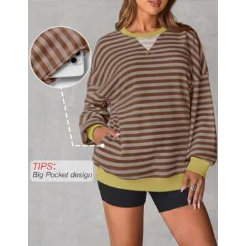 ZESICA Womens Casual Striped Pullover Tops Long Sleeve Shirts Crewneck Oversized Sweatshirts Spring ...