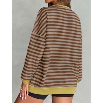 ZESICA Womens Casual Striped Pullover Tops Long Sleeve Shirts Crewneck Oversized Sweatshirts Spring Clothes,Brown,Medium