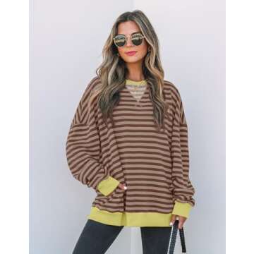 ZESICA Womens Casual Striped Pullover Tops Long Sleeve Shirts Crewneck Oversized Sweatshirts Spring Clothes,Brown,Medium